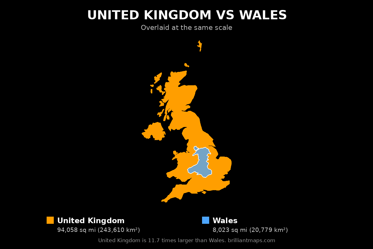 United Kingdom vs Wales Size Comparison Map