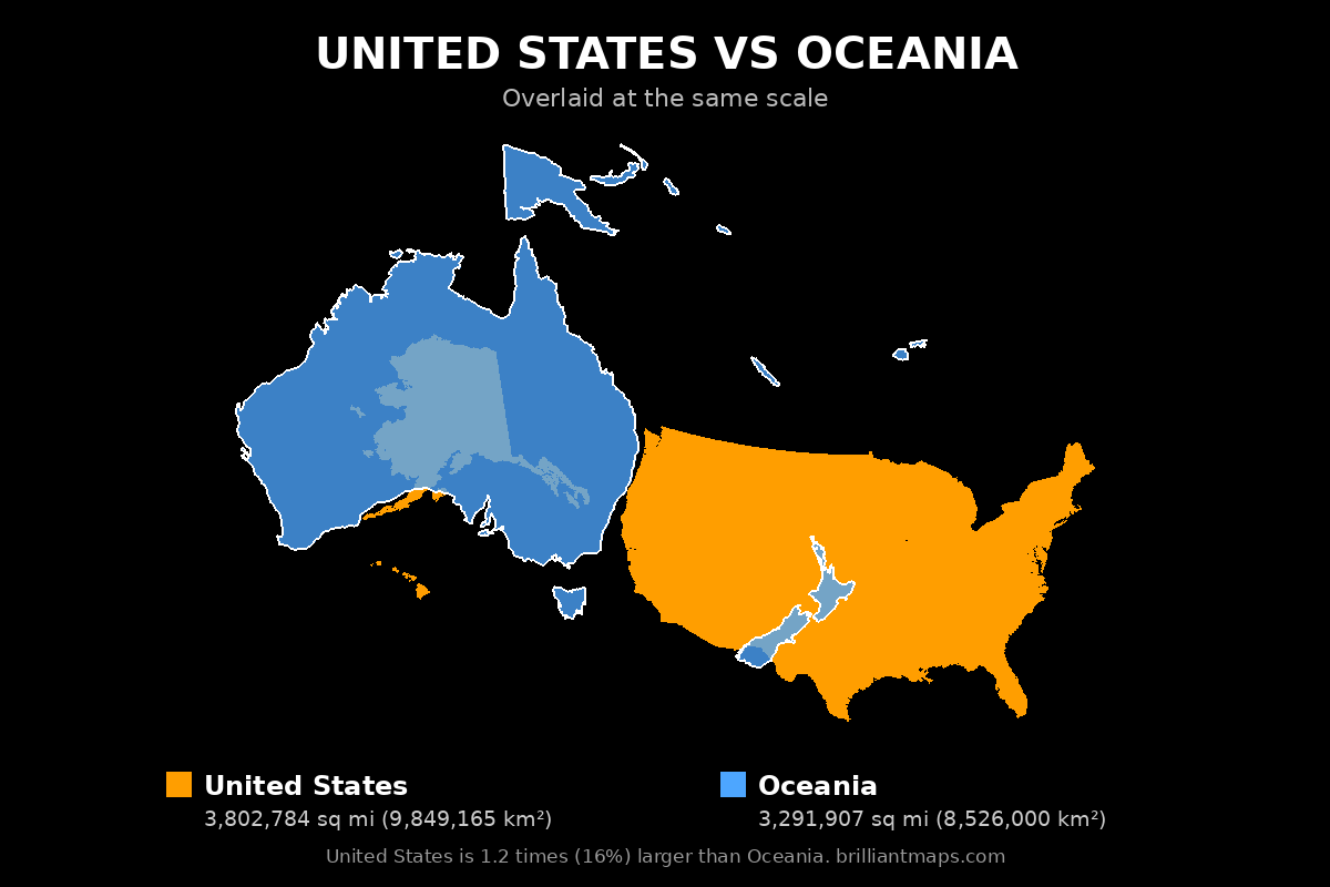 United States vs Oceania Size Comparison Map
