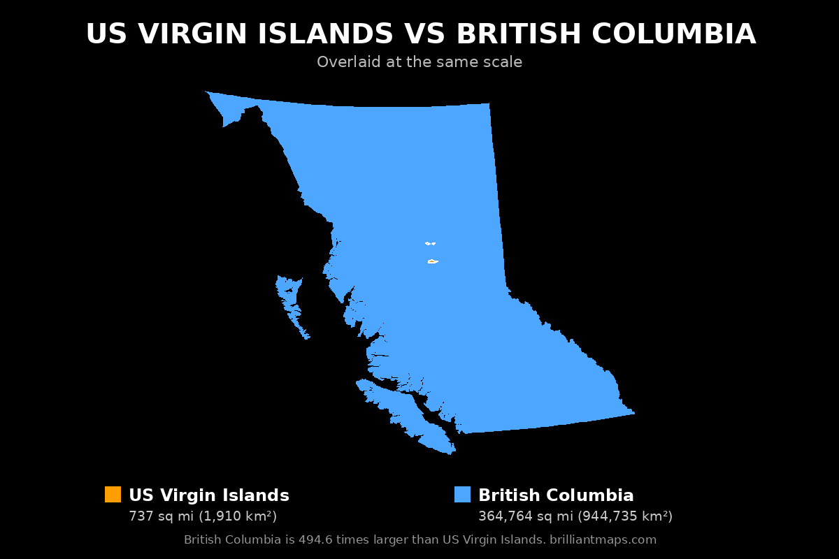US Virgin Islands vs British Columbia Size Comparison Map