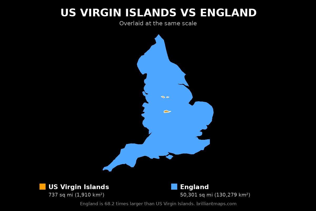 US Virgin Islands vs England Size Comparison Map