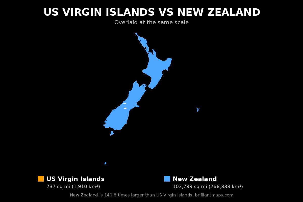 US Virgin Islands vs New Zealand Size Comparison Map