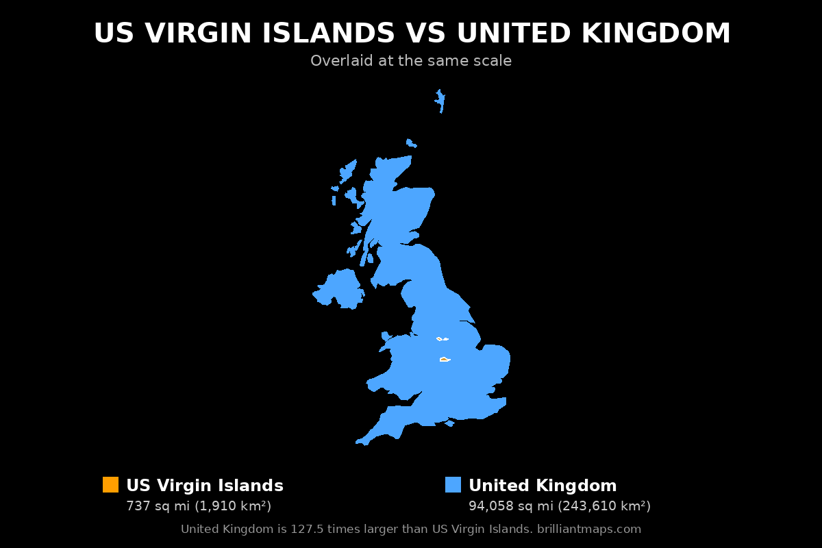 US Virgin Islands vs United Kingdom Size Comparison Map