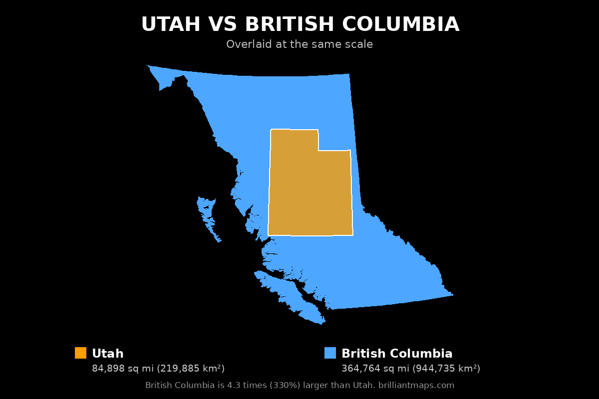 Utah vs British Columbia Size Comparison Map