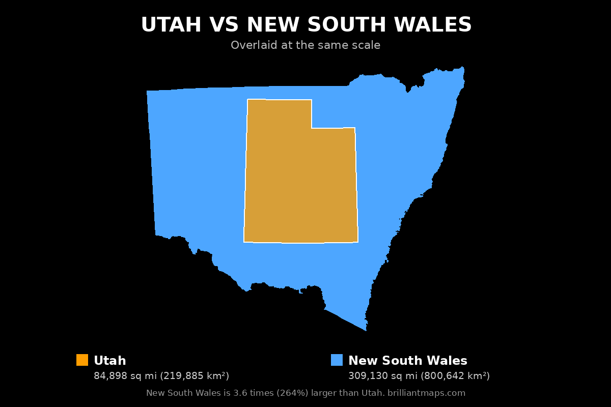 Utah vs New South Wales Size Comparison Map
