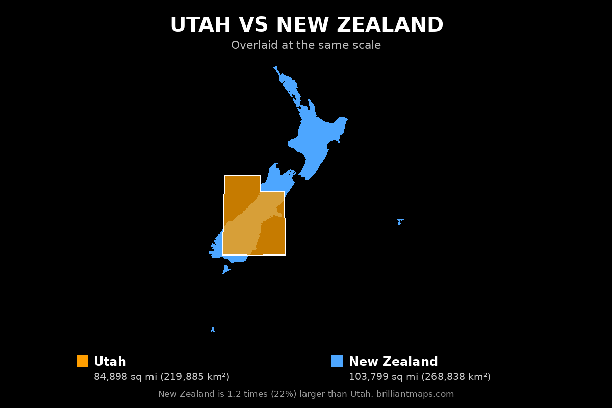 Utah vs New Zealand Size Comparison Map