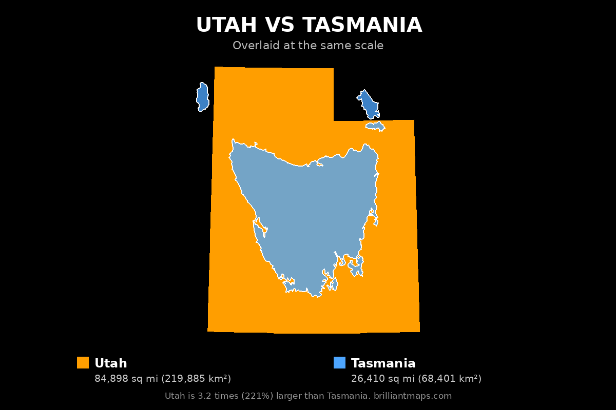 Utah vs Tasmania Size Comparison Map