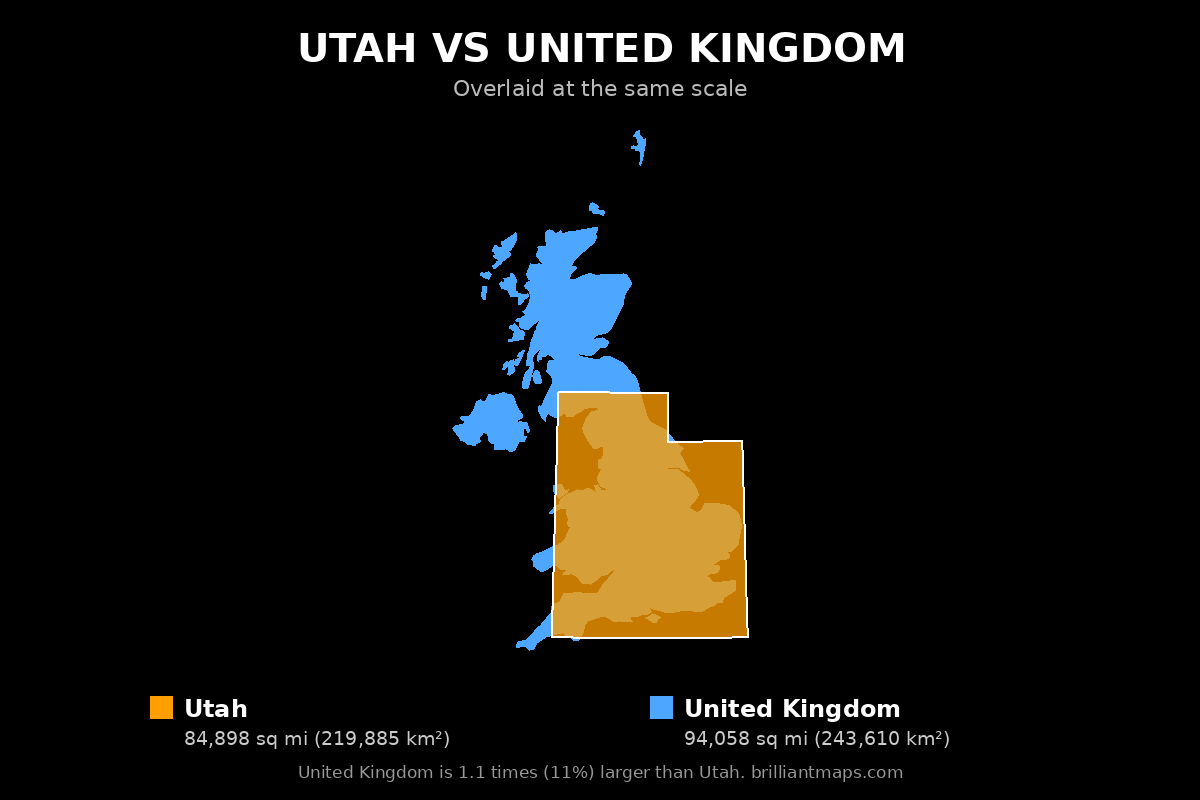 Utah vs United Kingdom Size Comparison Map
