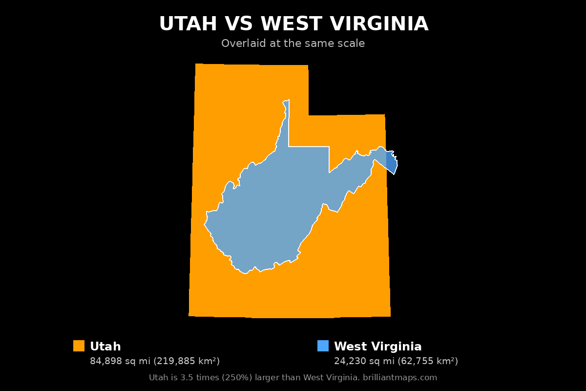 Utah vs West Virginia Size Comparison Map