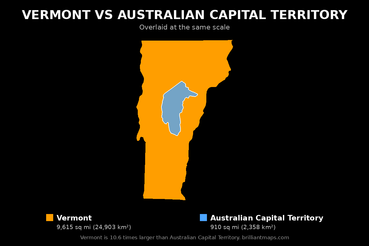 Vermont vs Australian Capital Territory Size Comparison Map