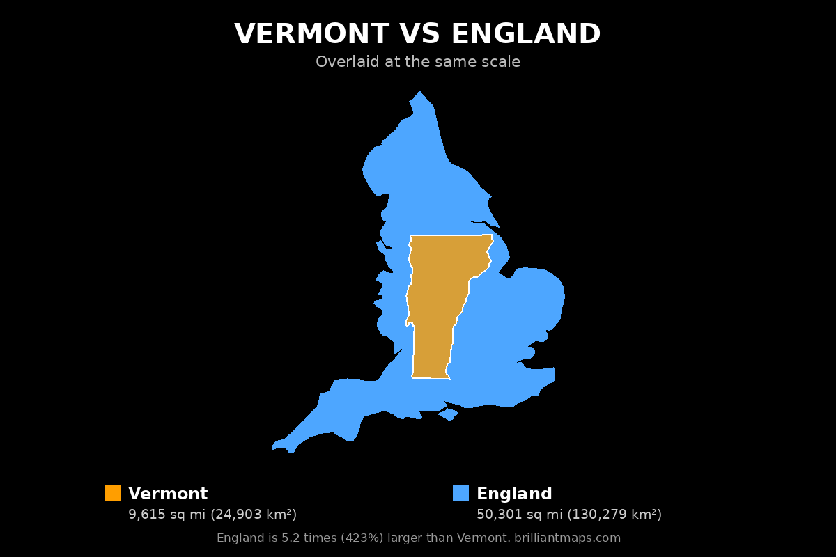 Vermont vs England Size Comparison Map