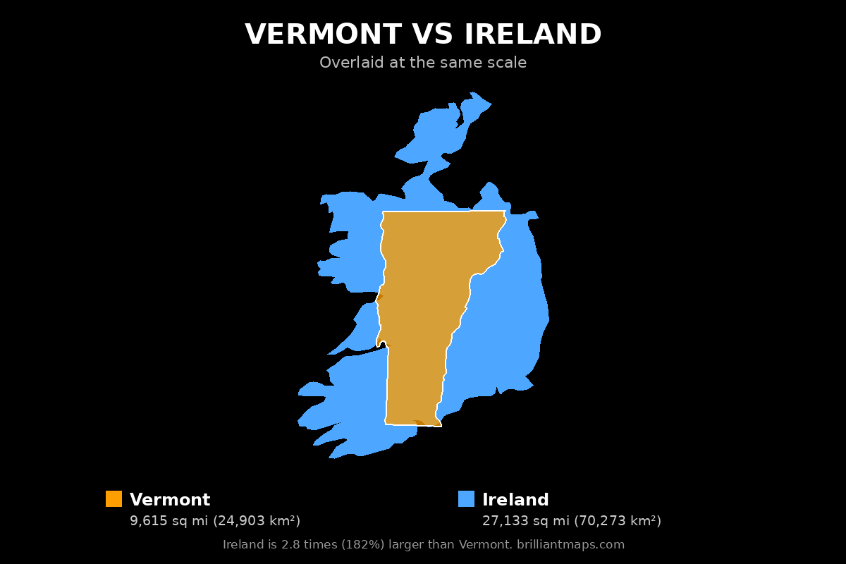 Vermont vs Ireland Size Comparison Map