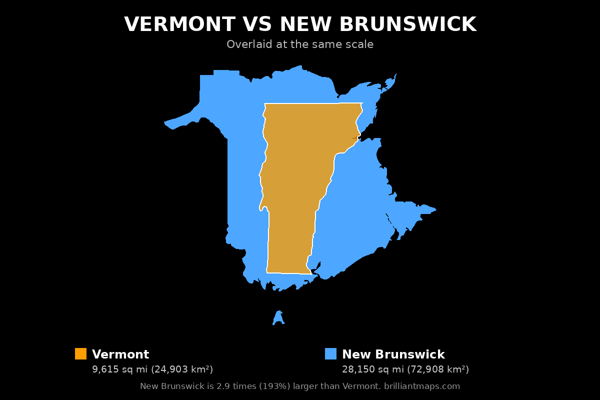 Vermont vs New Brunswick Size Comparison Map