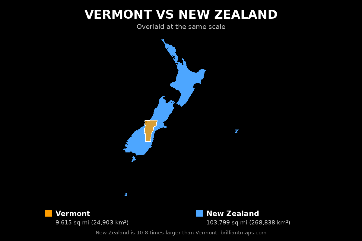 Vermont vs New Zealand Size Comparison Map