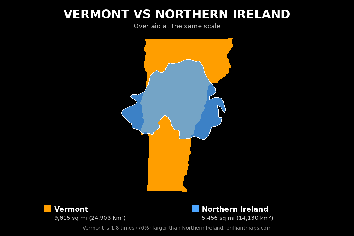Vermont vs Northern Ireland Size Comparison Map