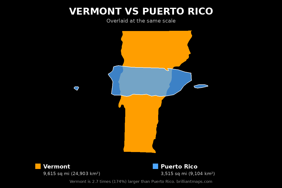 Vermont vs Puerto Rico Size Comparison Map