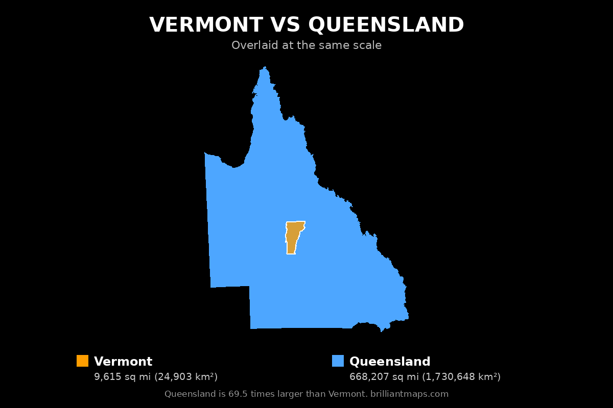 Vermont vs Queensland Size Comparison Map