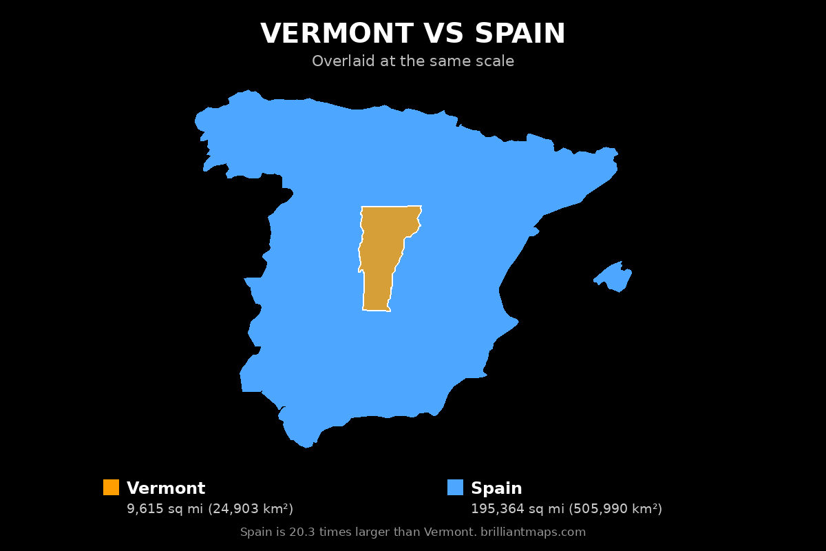 Vermont vs Spain Size Comparison Map