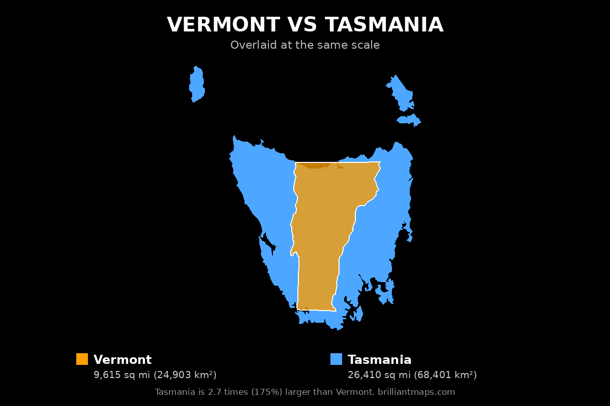 Vermont vs Tasmania Size Comparison Map
