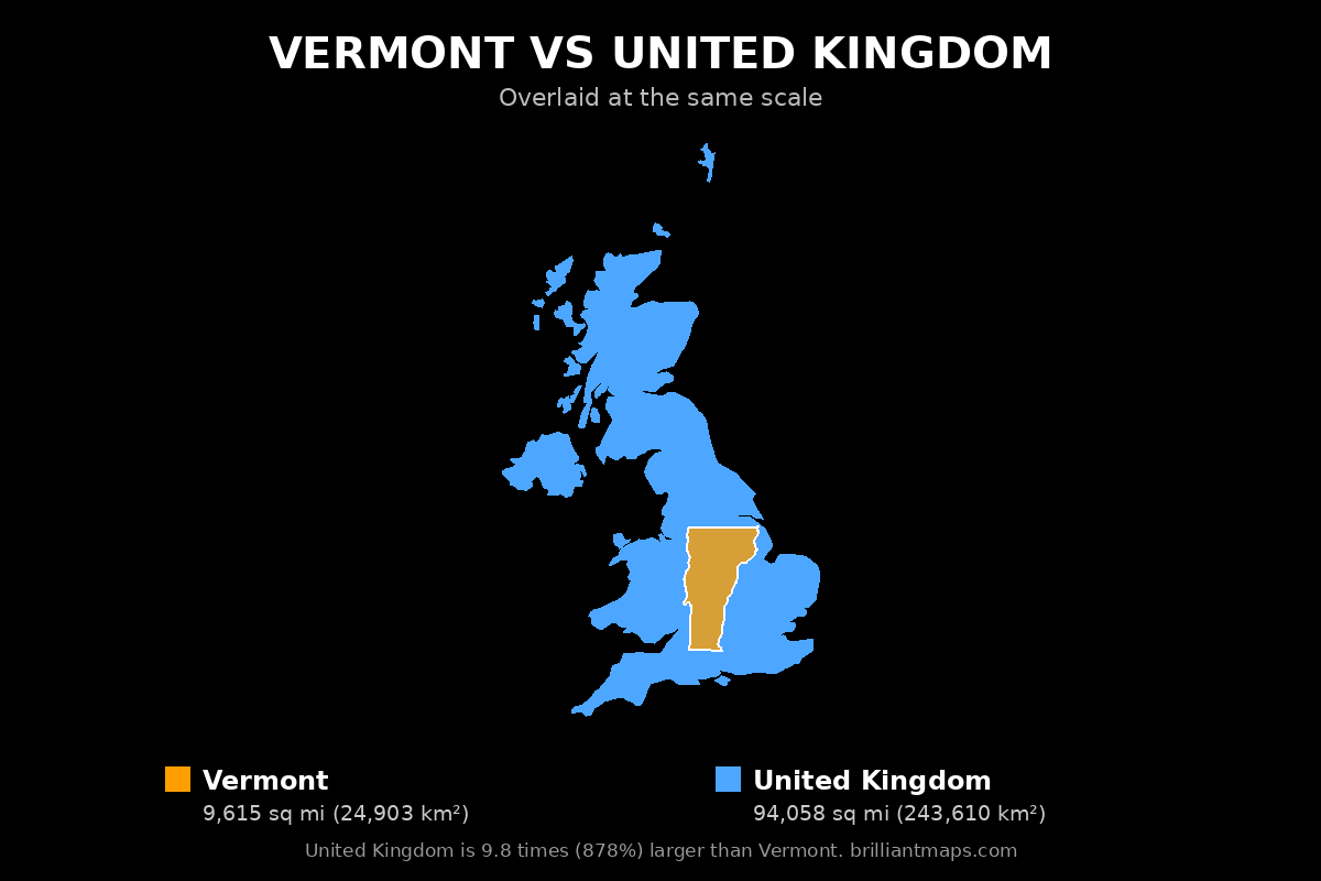 Vermont vs United Kingdom Size Comparison Map