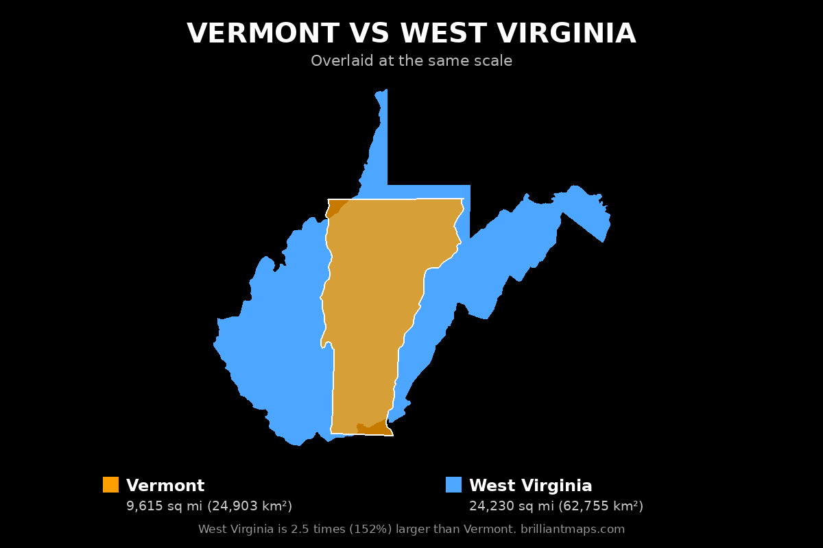 Vermont vs West Virginia Size Comparison Map