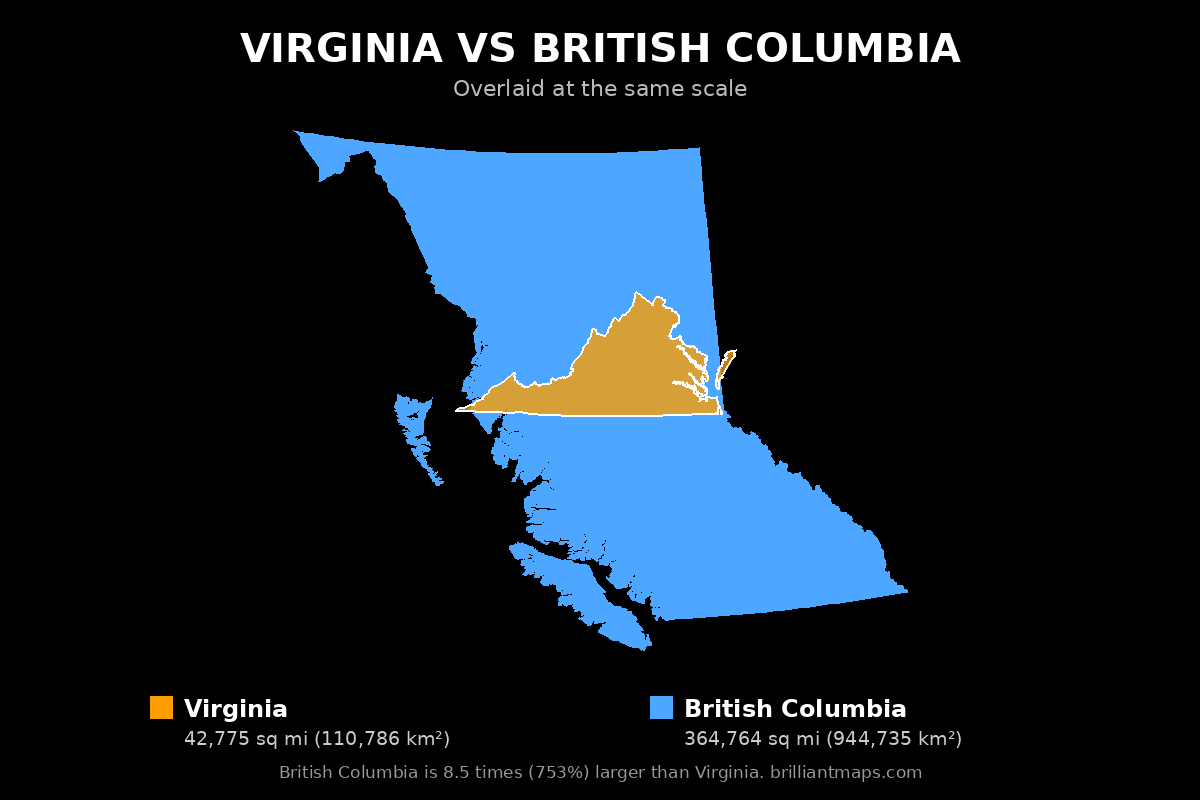 Virginia vs British Columbia Size Comparison Map