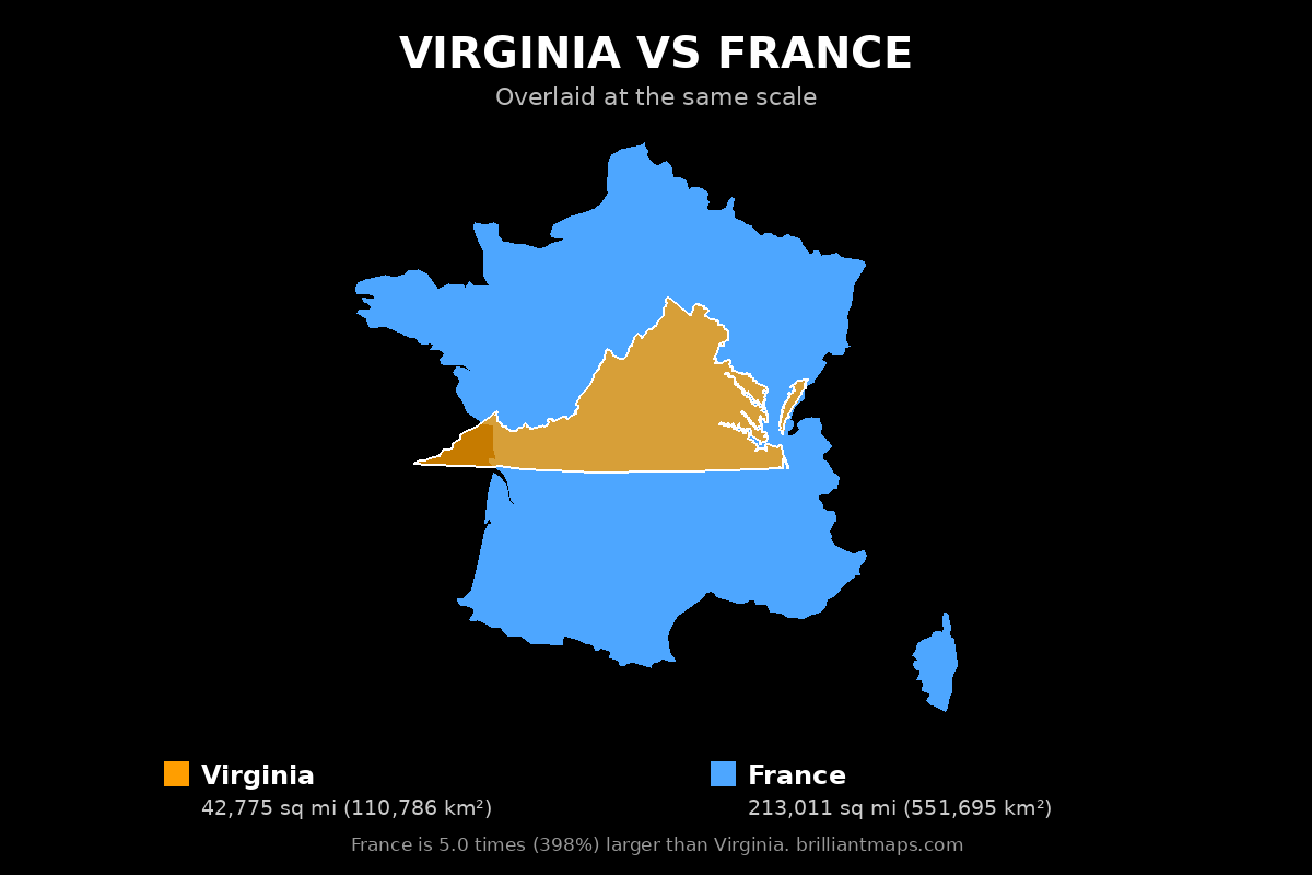 Virginia vs France Size Comparison Map