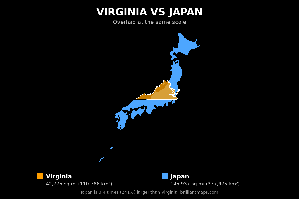 Virginia vs Japan Size Comparison Map