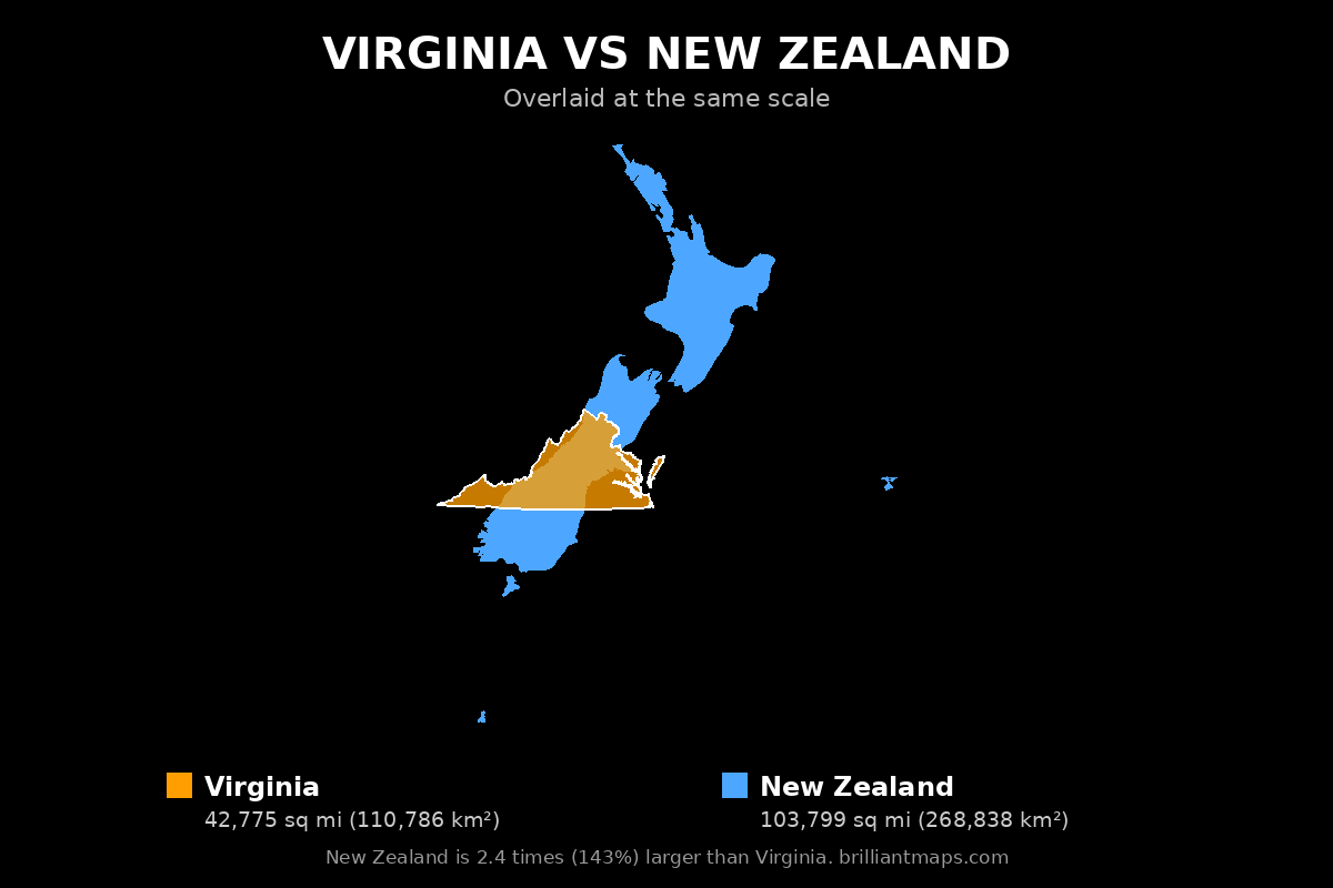 Virginia vs New Zealand Size Comparison Map