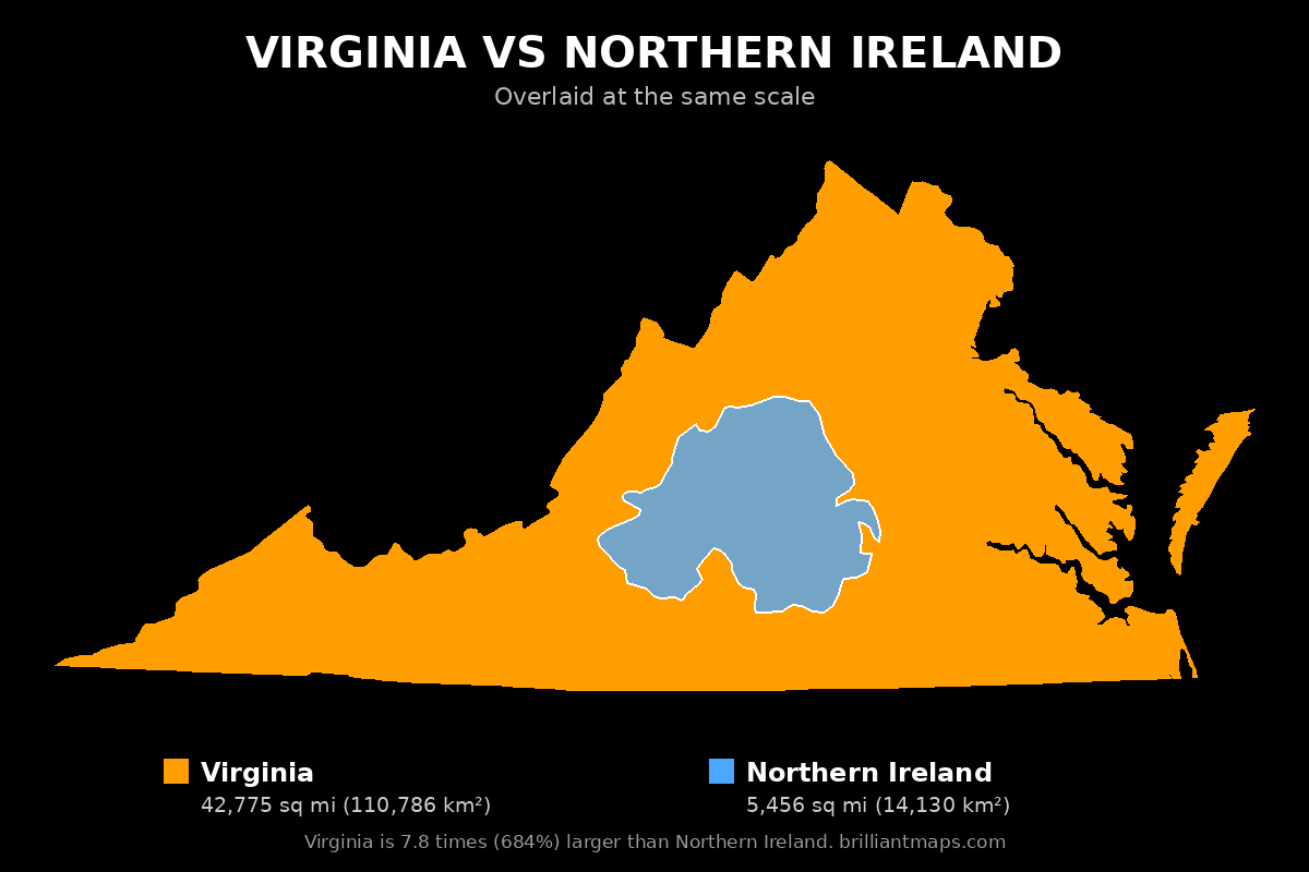 Virginia vs Northern Ireland Size Comparison Map