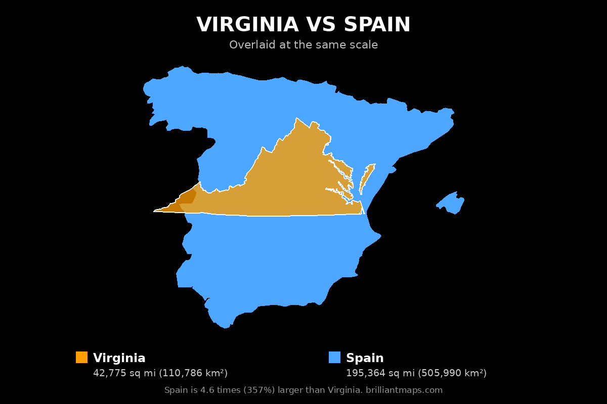 Virginia vs Spain Size Comparison Map
