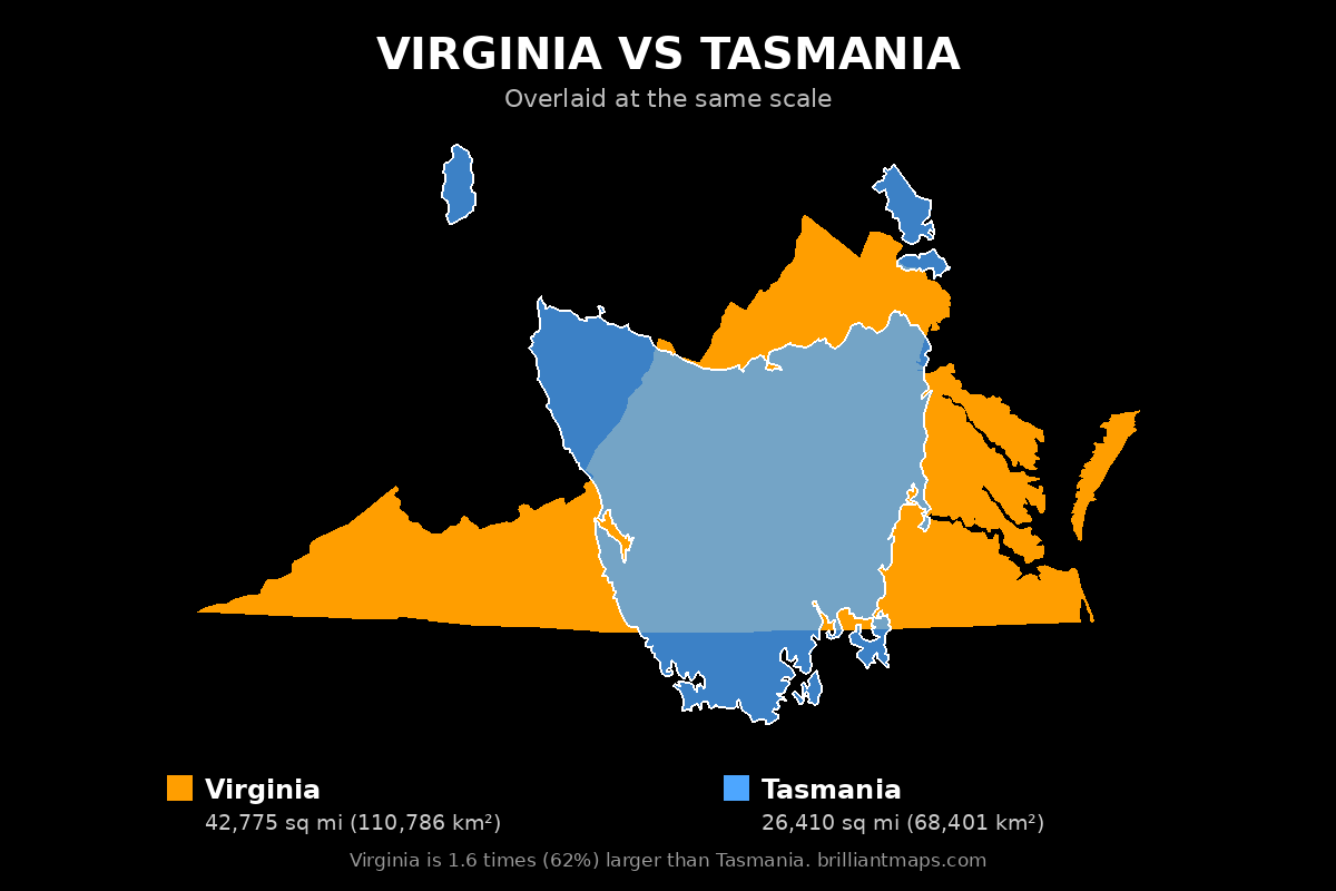 Virginia vs Tasmania Size Comparison Map