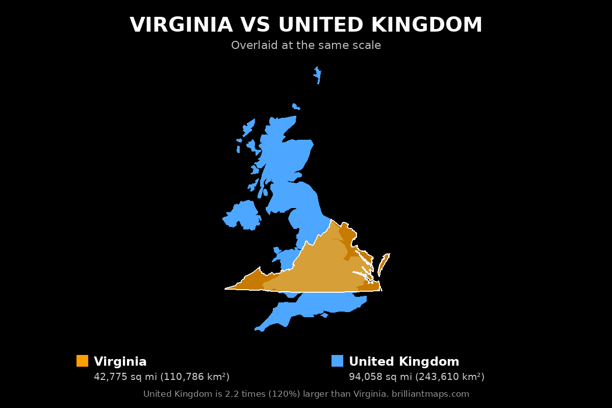 Virginia vs United Kingdom Size Comparison Map