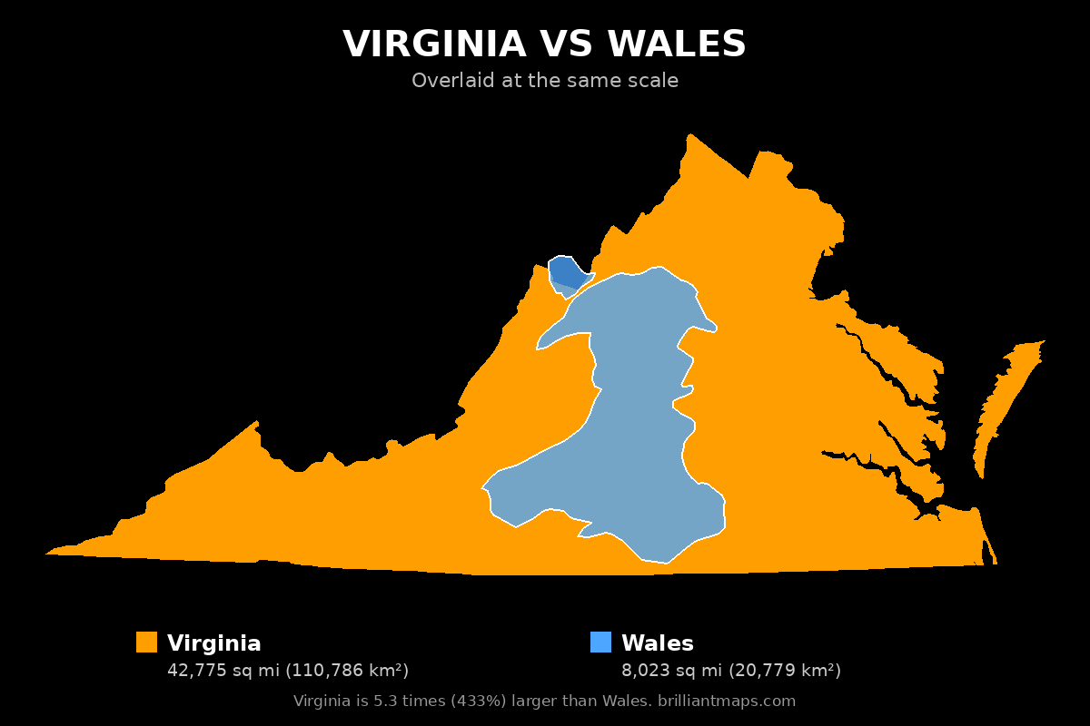 Virginia vs Wales Size Comparison Map