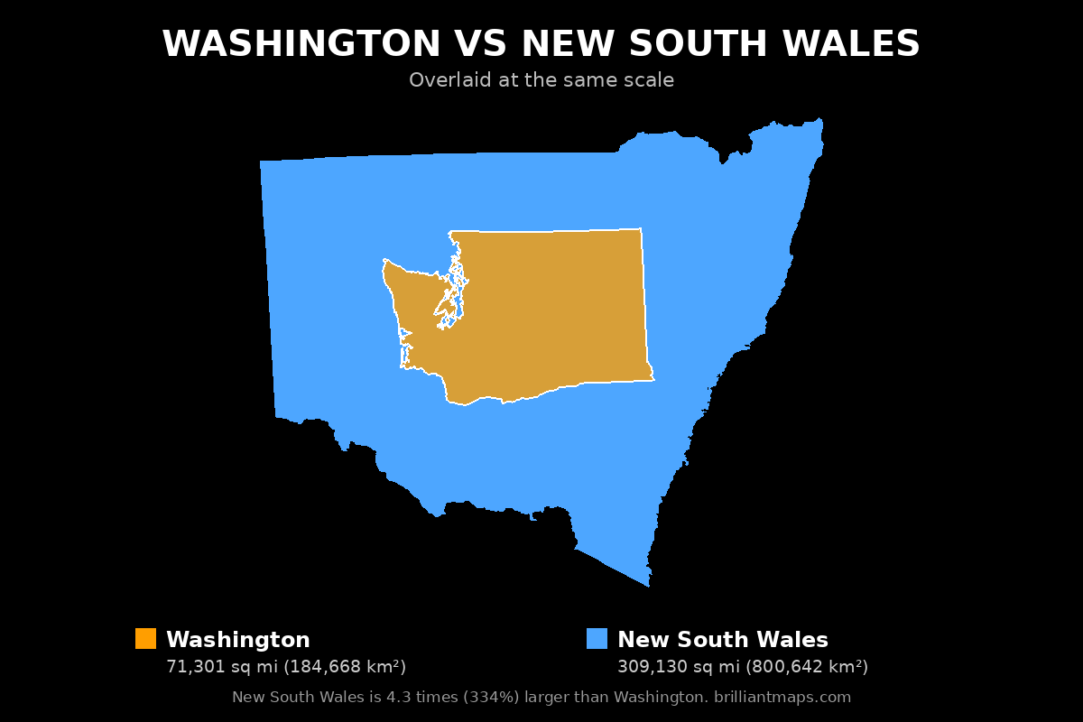 Washington vs New South Wales Size Comparison Map