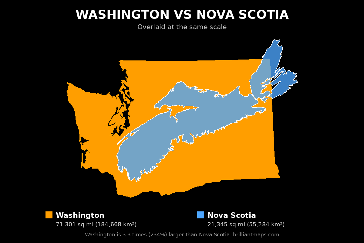 Washington vs Nova Scotia Size Comparison Map