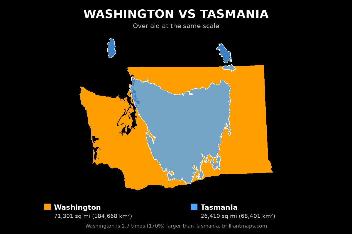 Washington vs Tasmania Size Comparison Map