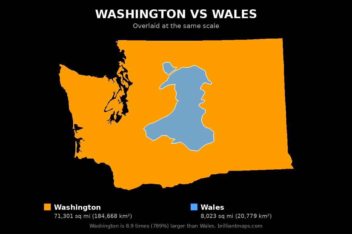 Washington vs Wales Size Comparison Map