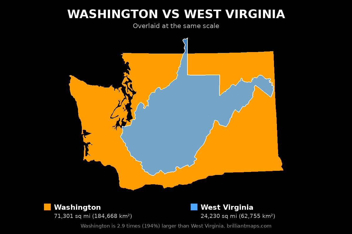 Washington vs West Virginia Size Comparison Map