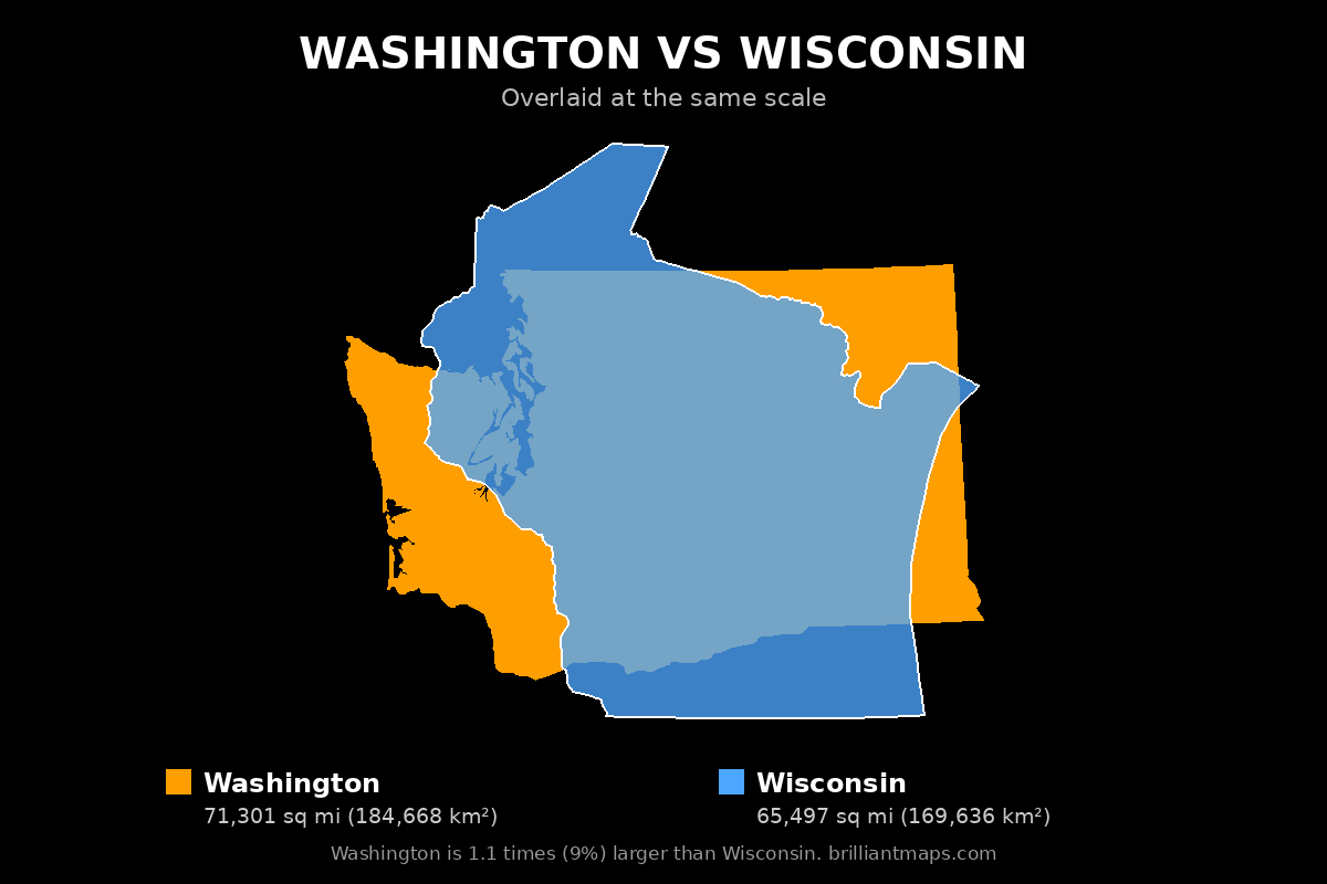 Washington vs Wisconsin Size Comparison Map