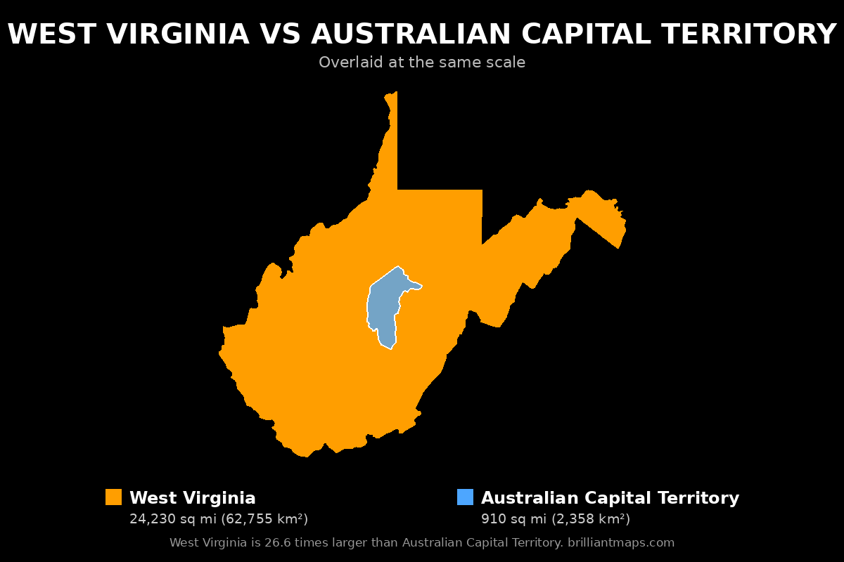 West Virginia vs Australian Capital Territory Size Comparison Map