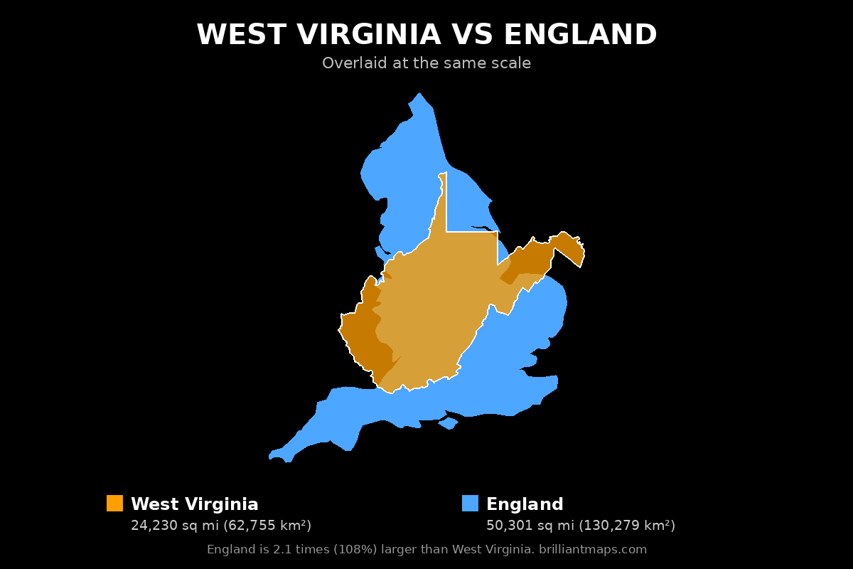 West Virginia vs England Size Comparison Map