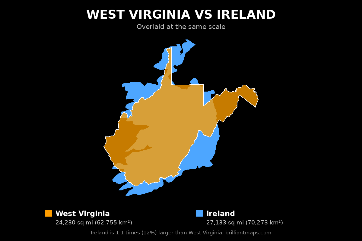 West Virginia vs Ireland Size Comparison Map