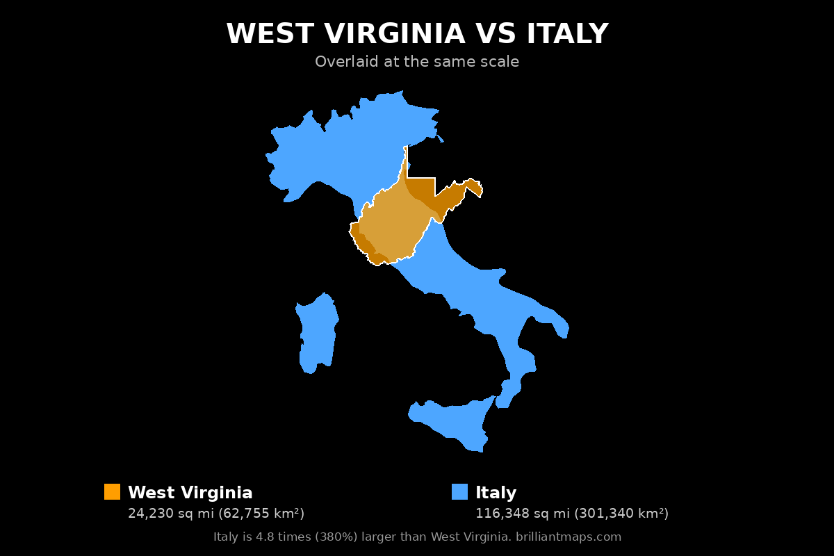 West Virginia vs Italy Size Comparison Map