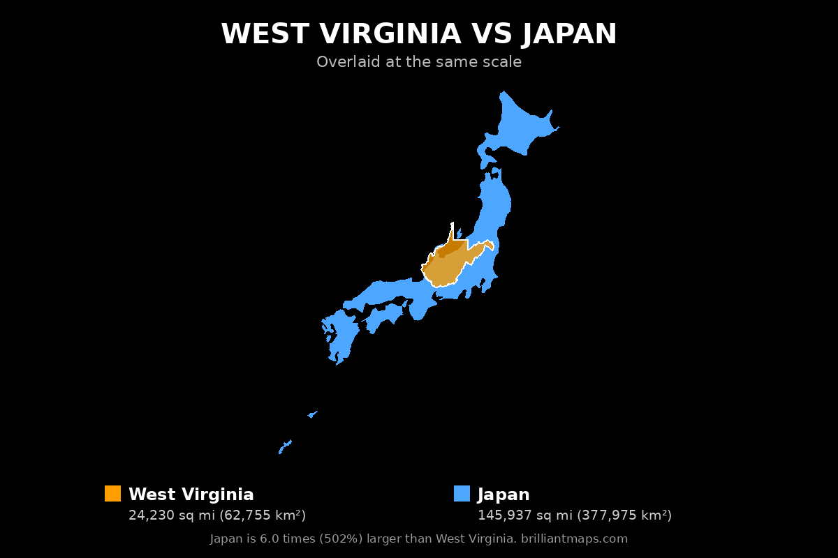 West Virginia vs Japan Size Comparison Map