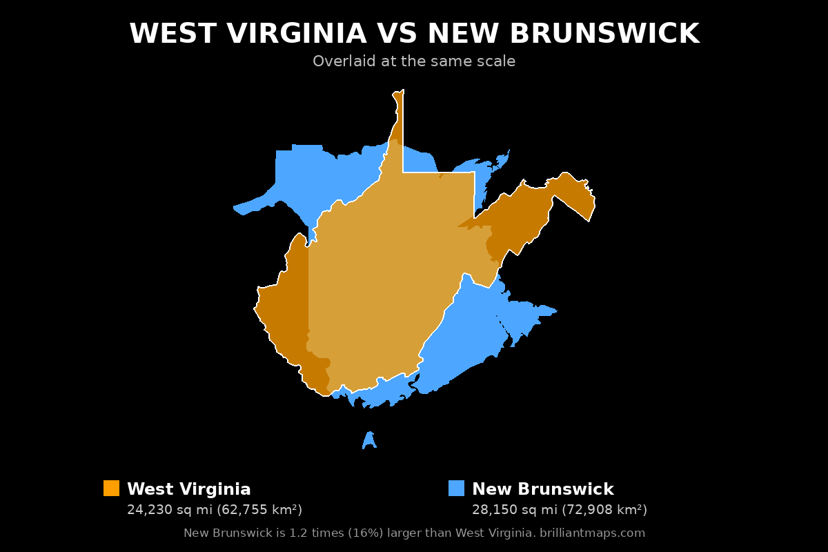 West Virginia vs New Brunswick Size Comparison Map