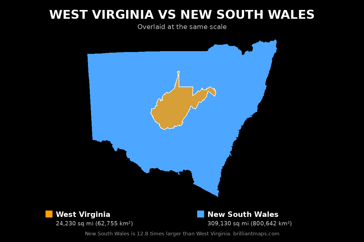 West Virginia vs New South Wales Size Comparison Map