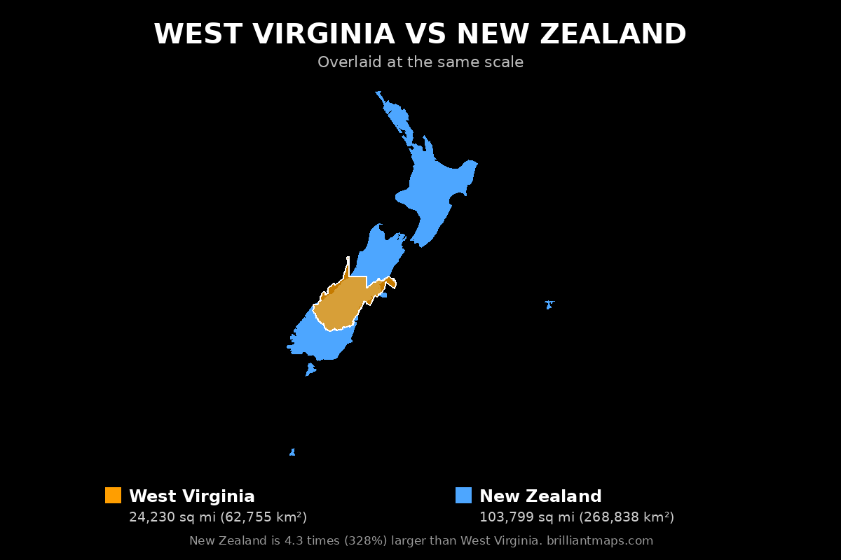 West Virginia vs New Zealand Size Comparison Map
