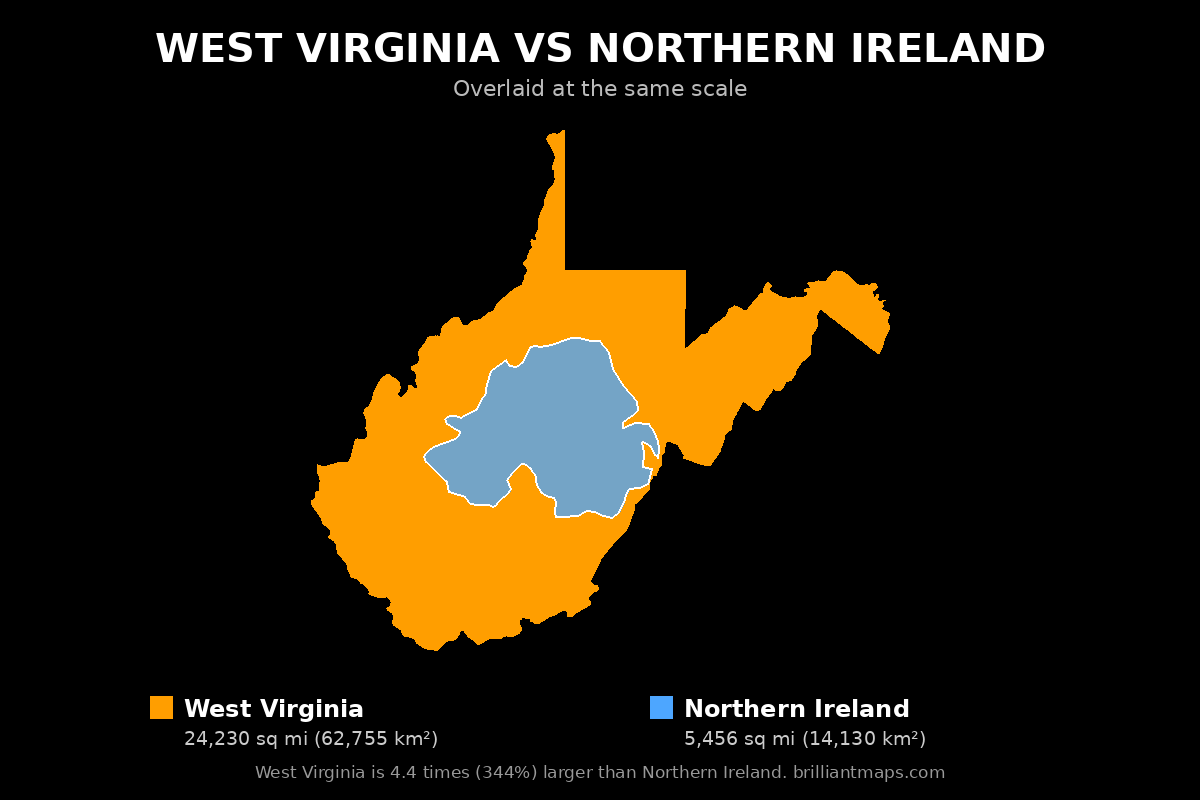 West Virginia vs Northern Ireland Size Comparison Map