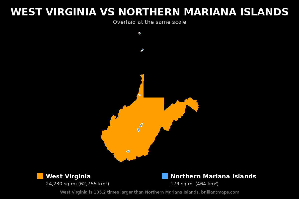 West Virginia vs Northern Mariana Islands Size Comparison Map