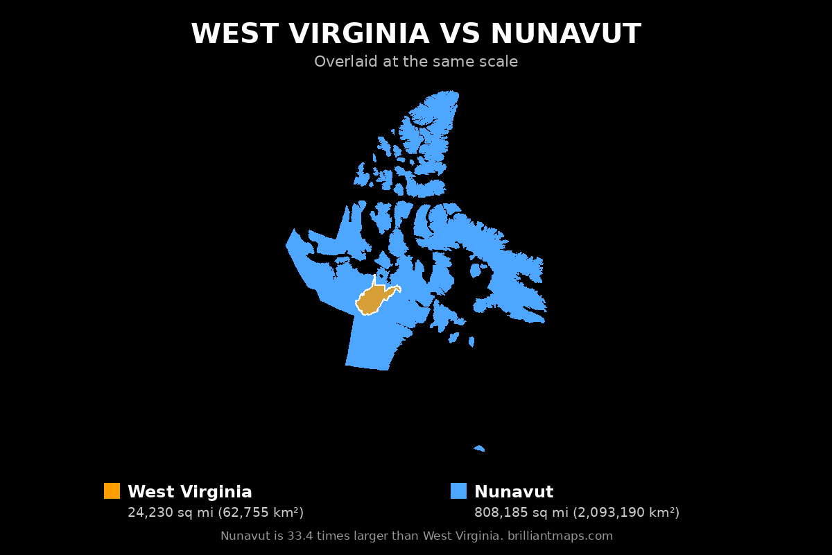 West Virginia vs Nunavut Size Comparison Map
